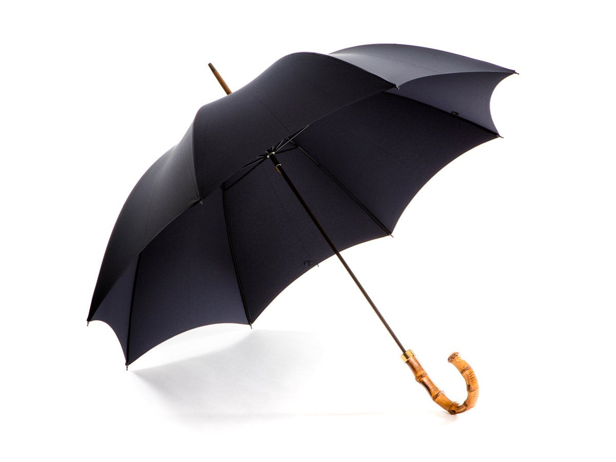 Opened whangee handle tube Fox Umbrella with navy canopy