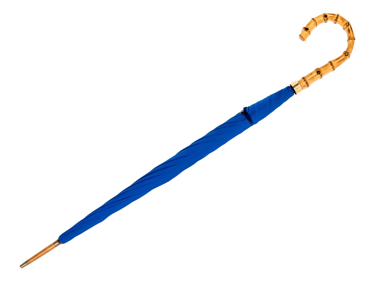 Full length view of whangee handle tube Fox Umbrella with royal blue canopy