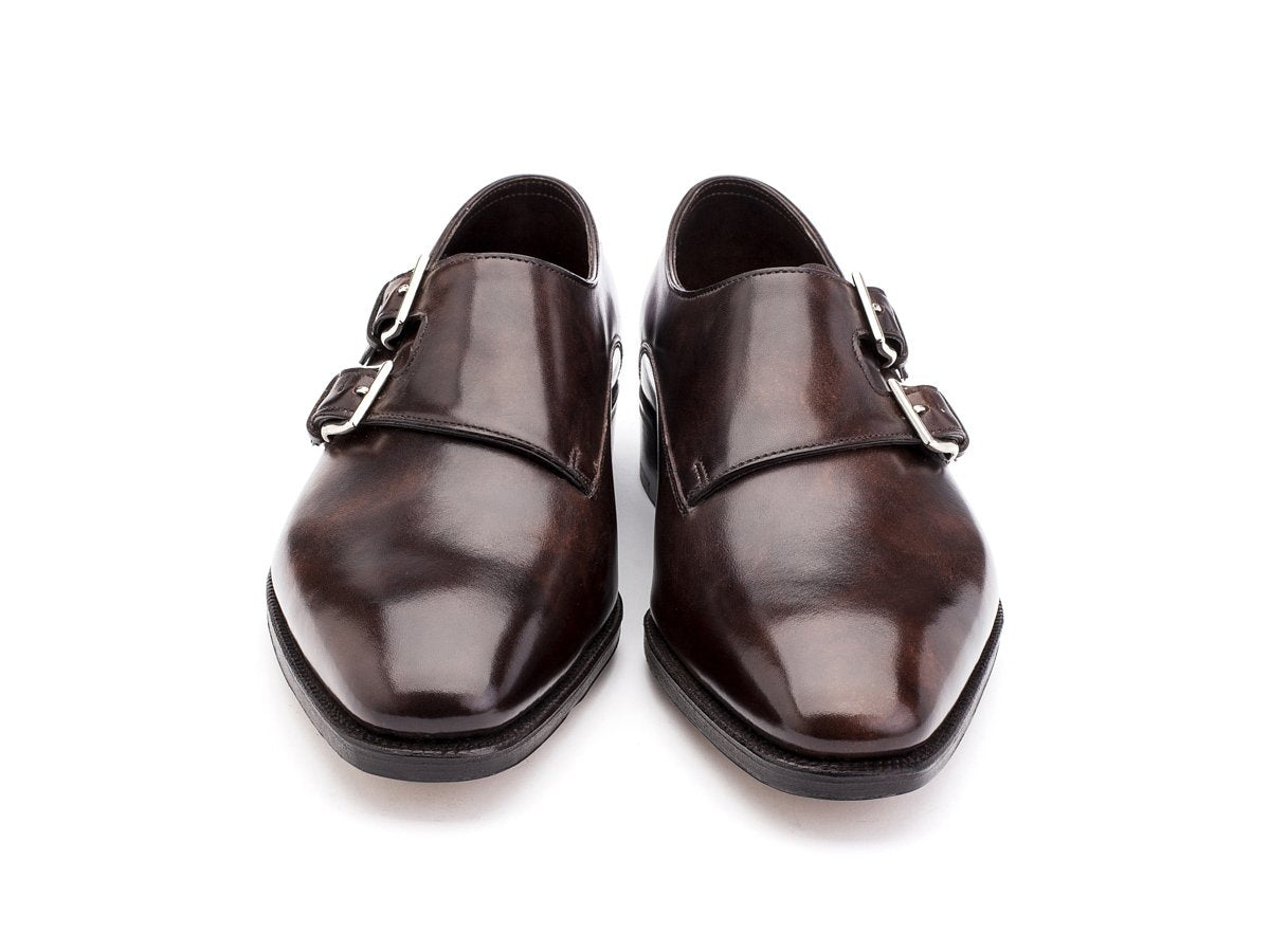 Front view of John Lobb Chapel plain toe swept back Shopovas strap shoes in dark brown museum calf