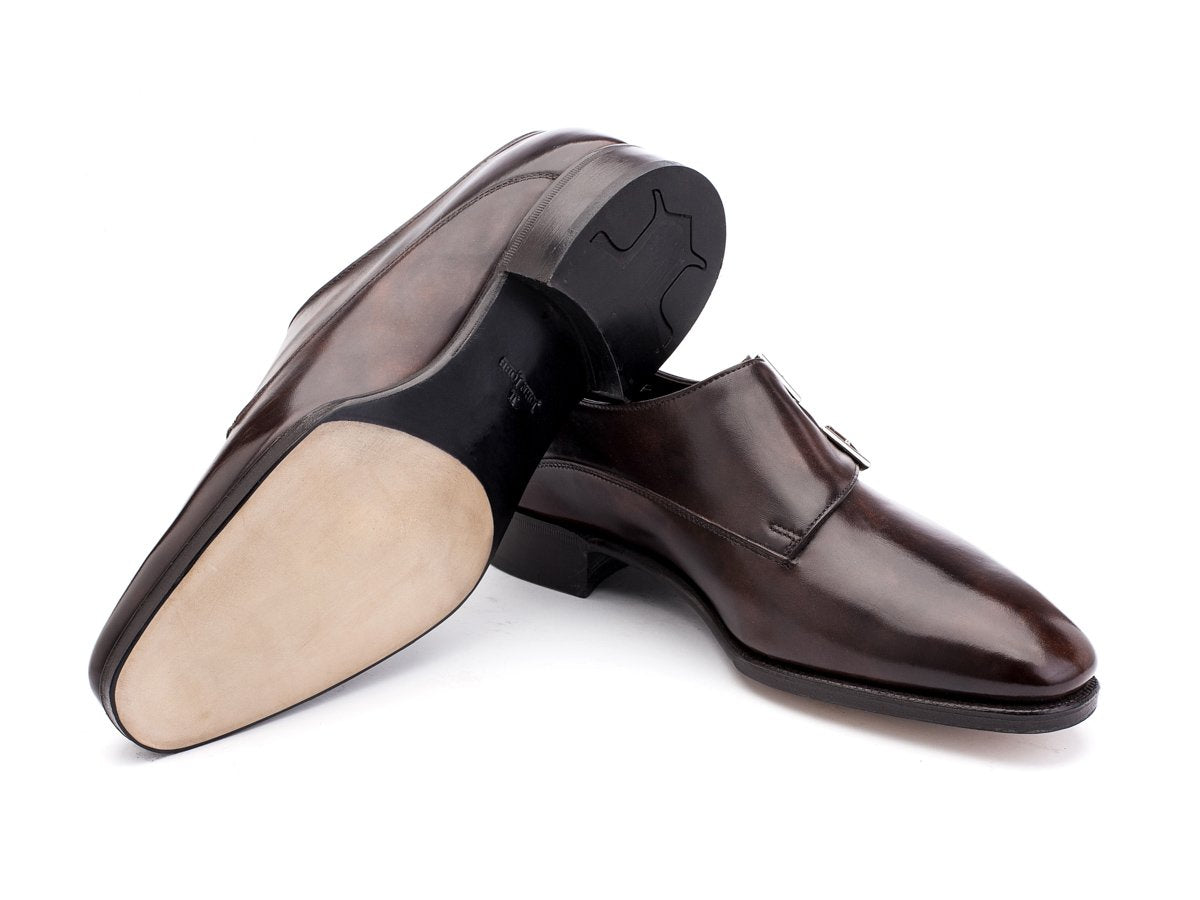 Prestige leather sole of John Lobb Chapel plain toe swept back Shopovas strap shoes in dark brown museum calf