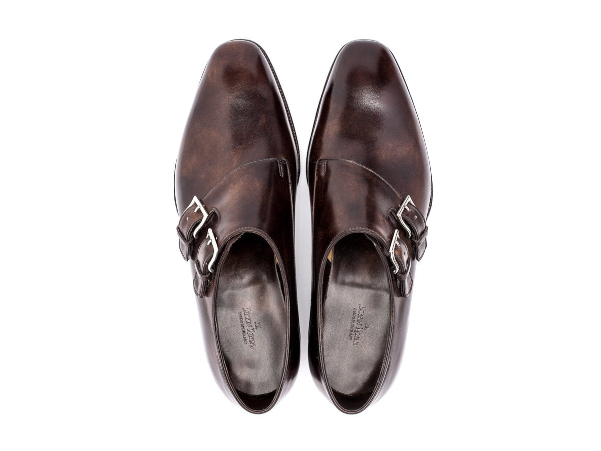 Top view of John Lobb Chapel plain toe swept back Shopovas strap shoes in dark brown museum calf