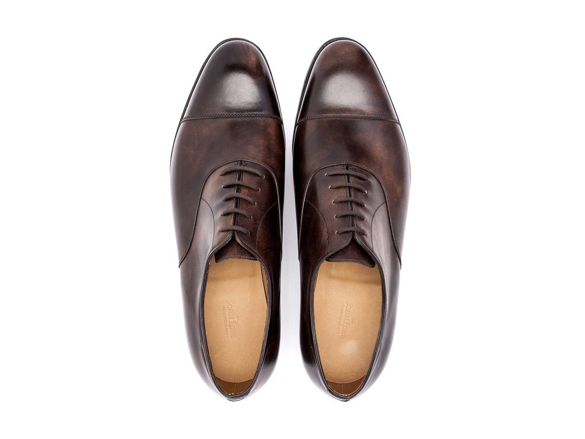Top view of John Lobb City II plain captoe oxford shoes in dark brown museum calf