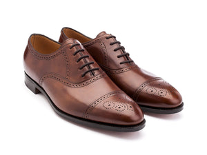 Front angle view of EE width John Lobb Saunton half brogue oxford shoes in bracken misty calf