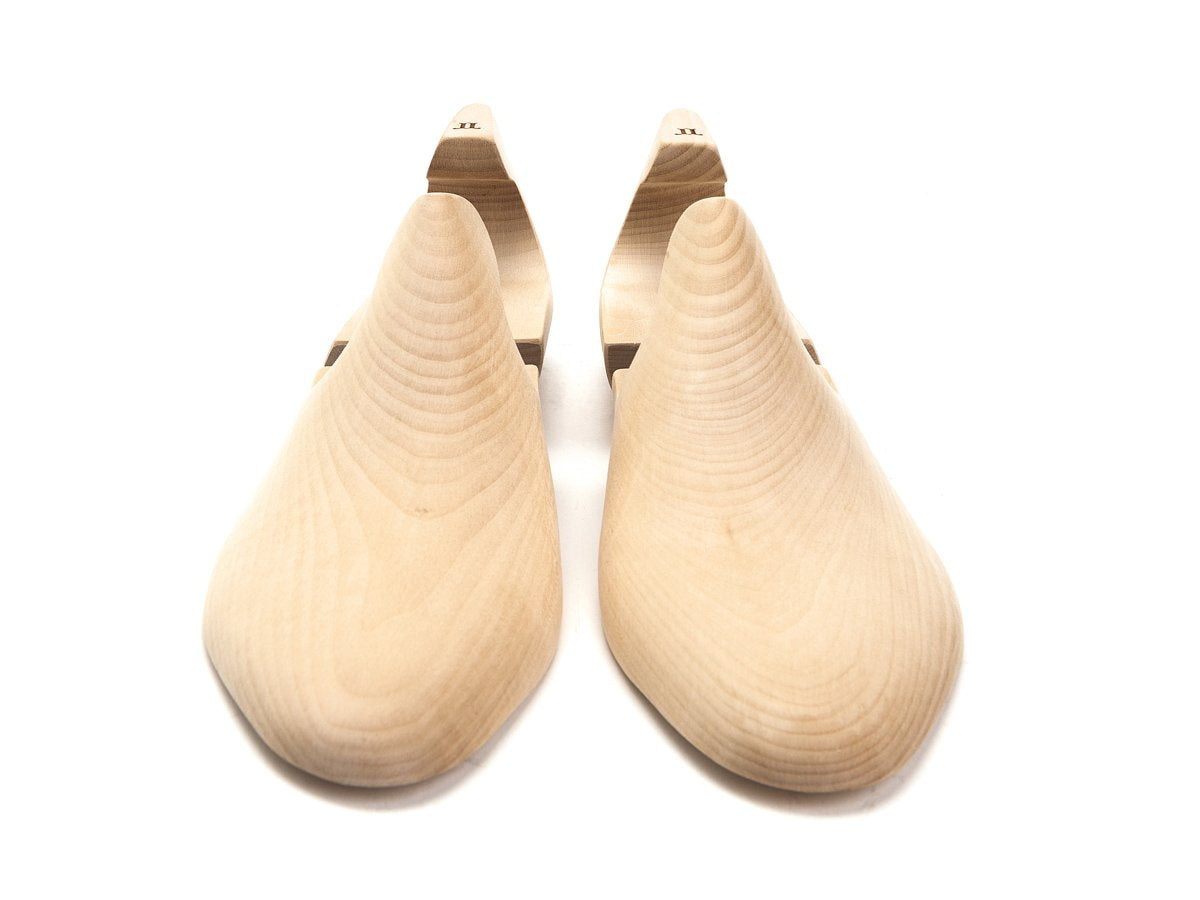 Front view of E width John Lobb limewood shoe trees