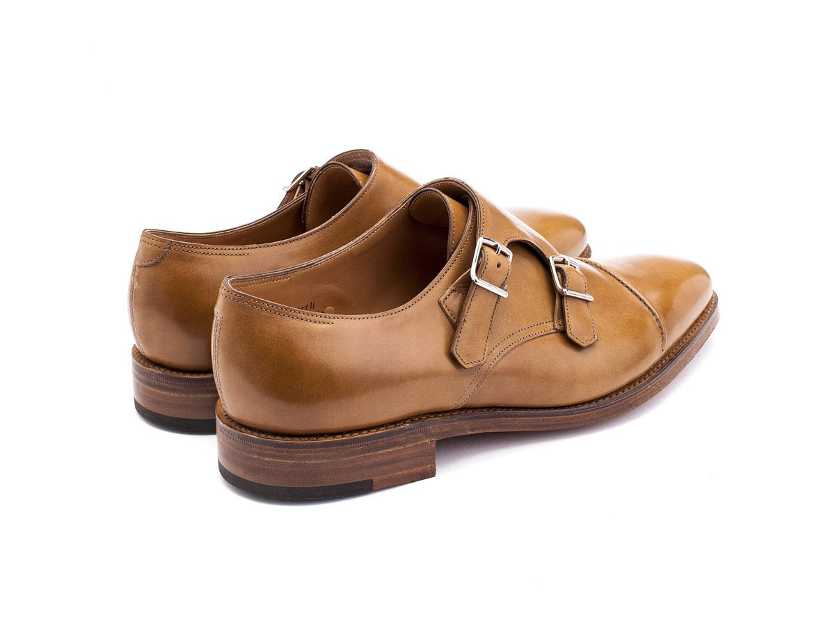 Back angle view of EE width John Lobb William II captoe Shopovas strap shoes in ardilla misty calf