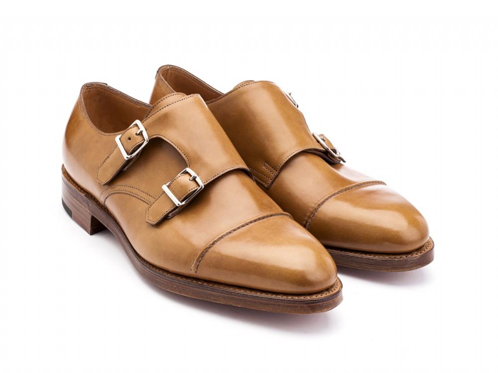 Front angle view of EE width John Lobb William II captoe Shopovas strap shoes in ardilla misty calf