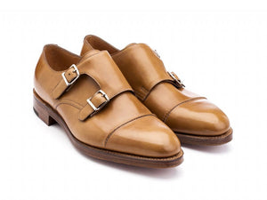 Front angle view of EE width John Lobb William II captoe Shopovas strap shoes in ardilla misty calf