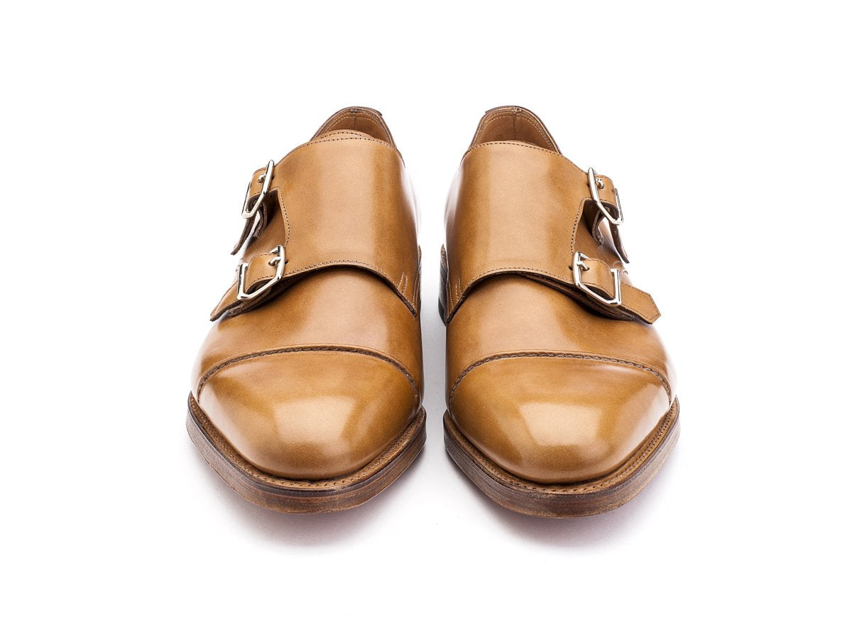 Front view of EE width John Lobb William II captoe Shopovas strap shoes in ardilla misty calf