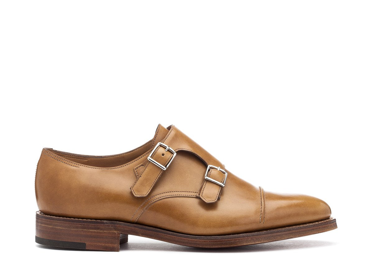 Side view of EE width John Lobb William II captoe Shopovas strap shoes in ardilla misty calf