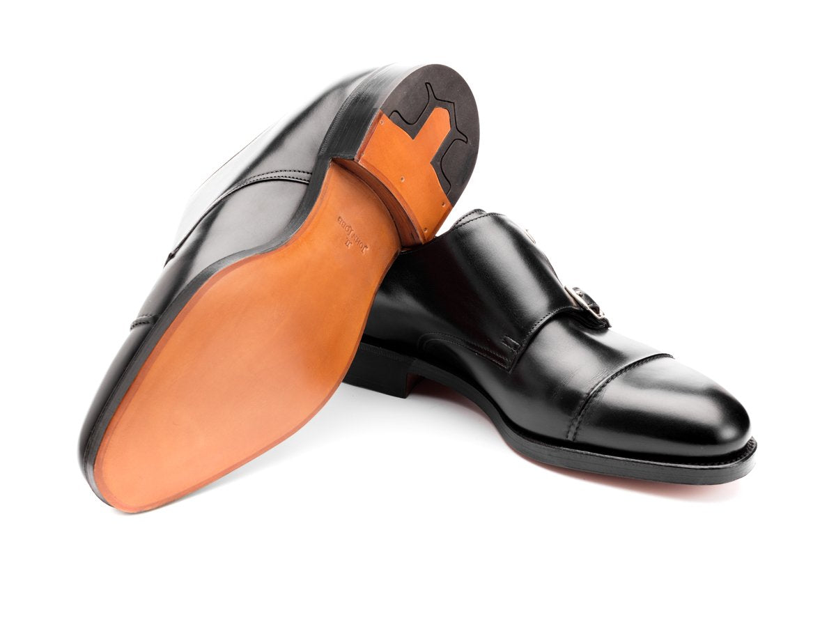 Classic leather sole of John Lobb William II captoe Shopovas strap shoes in black calf