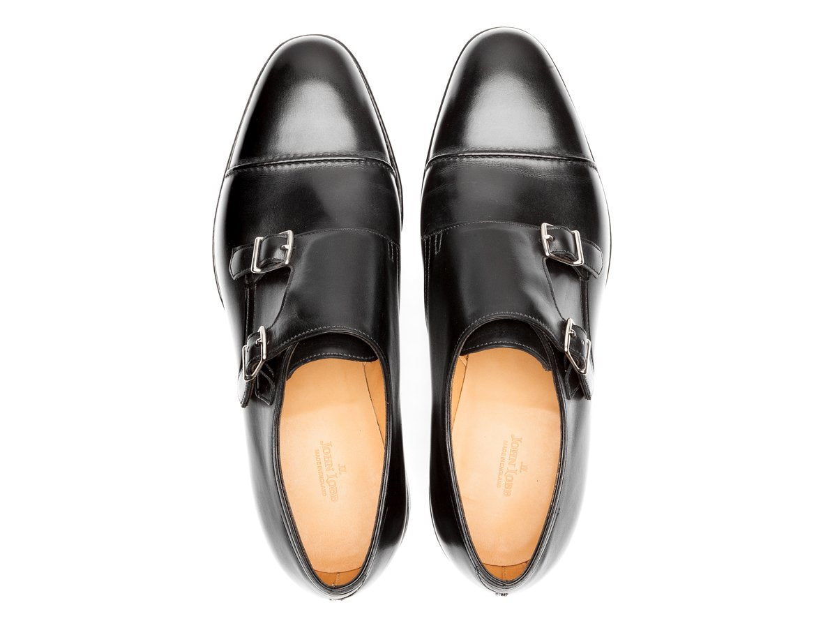 Top view of John Lobb William II captoe Shopovas strap shoes in black calf