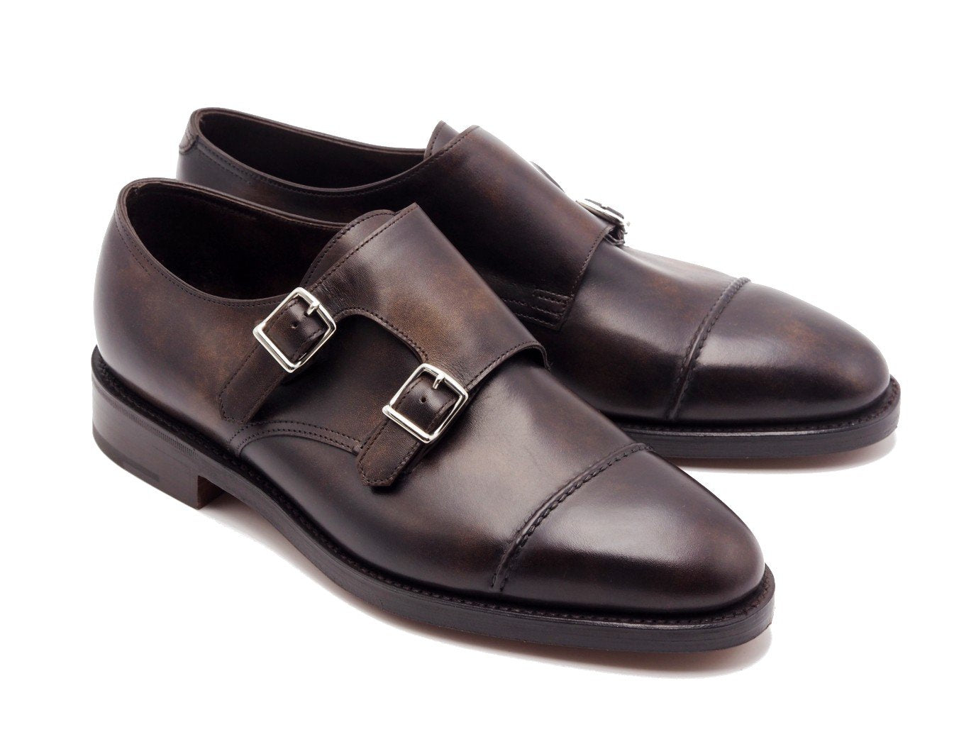 Front angle view of John Lobb William II captoe Shopovas strap shoes in dark brown museum calf