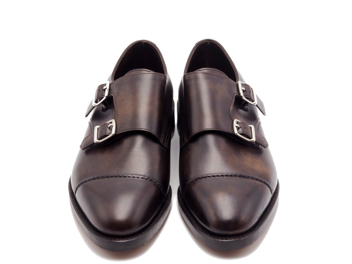 Front view of John Lobb William II captoe Shopovas strap shoes in dark brown museum calf