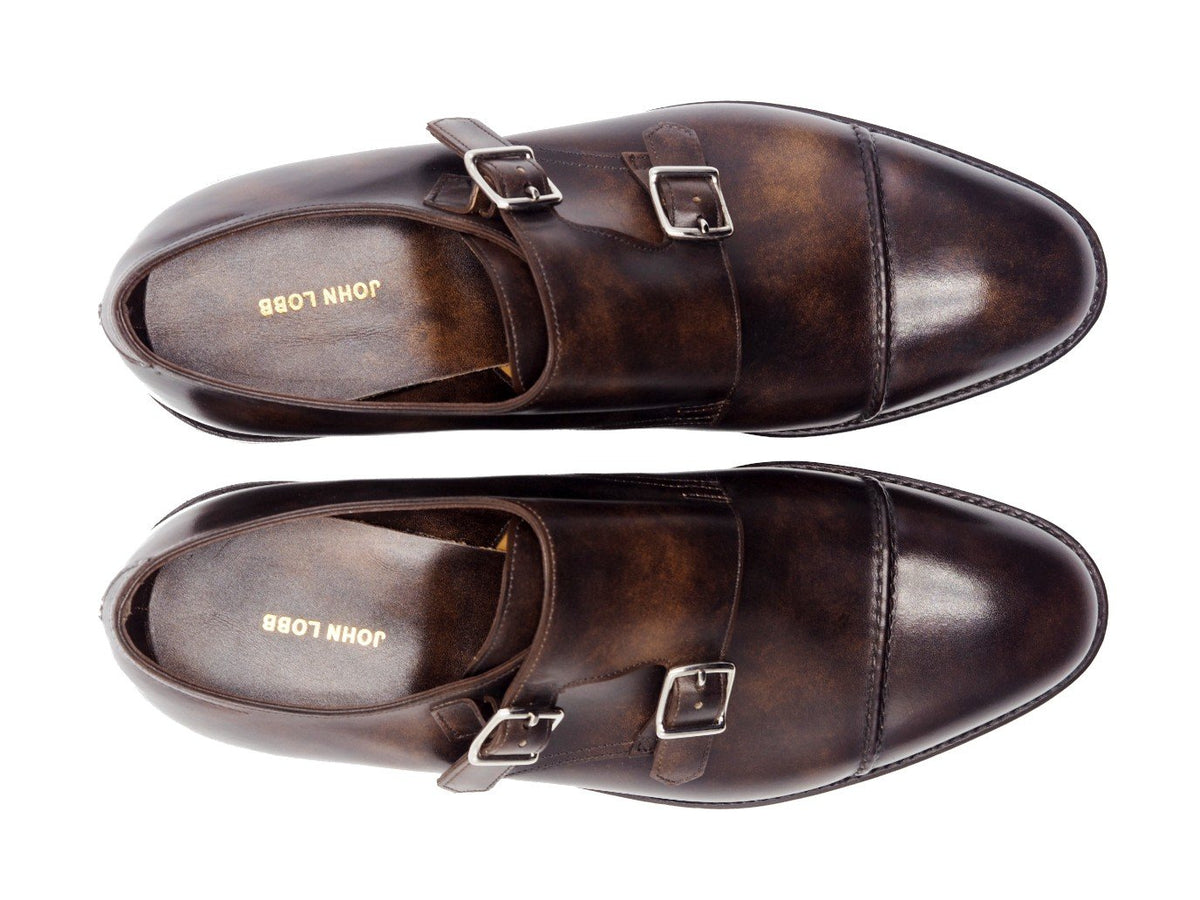 Top view of John Lobb William II captoe Shopovas strap shoes in dark brown museum calf