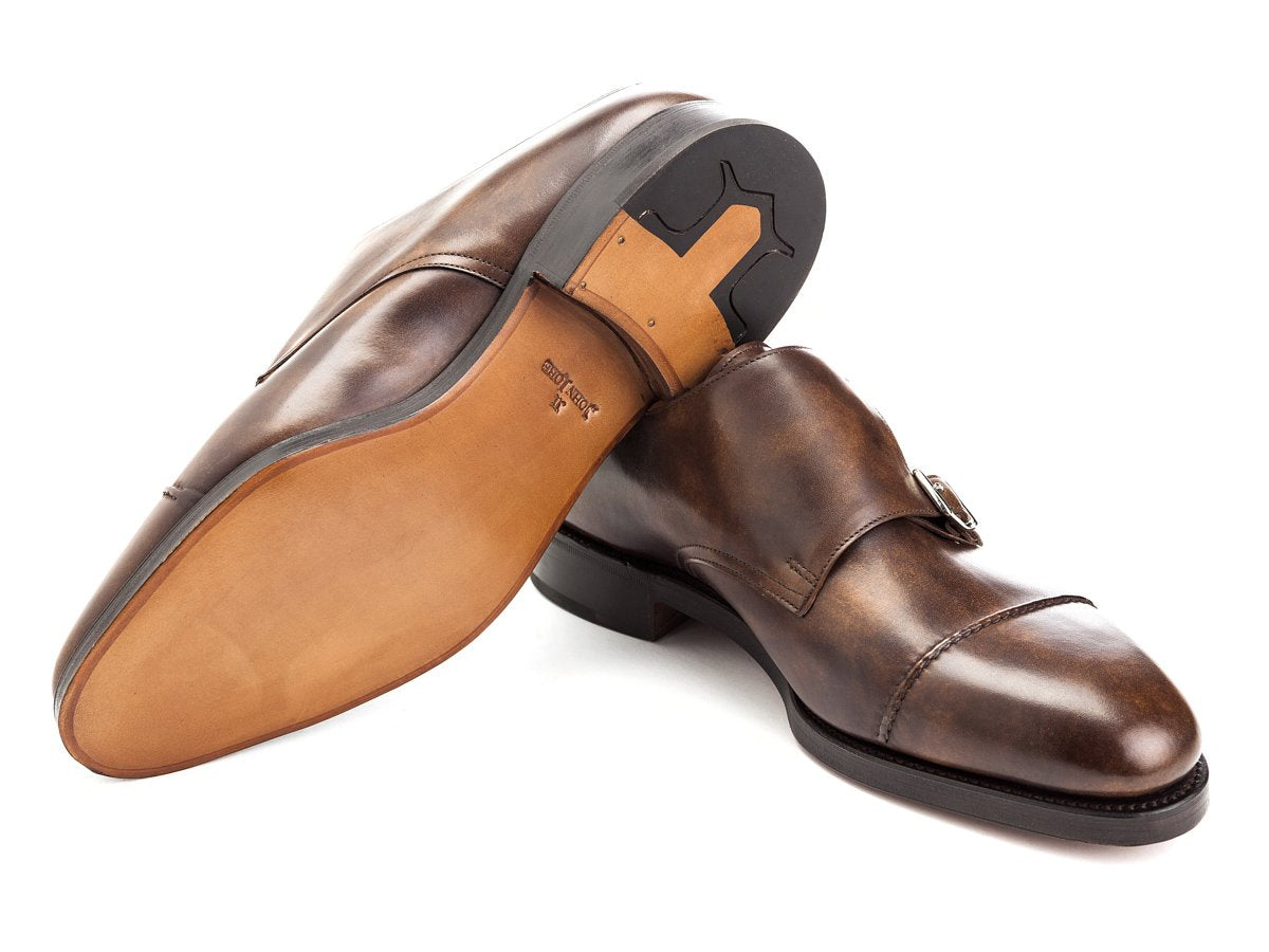 Classic leeather sole of John Lobb William II captoe Shopovas strap shoes in parisian brown museum calf