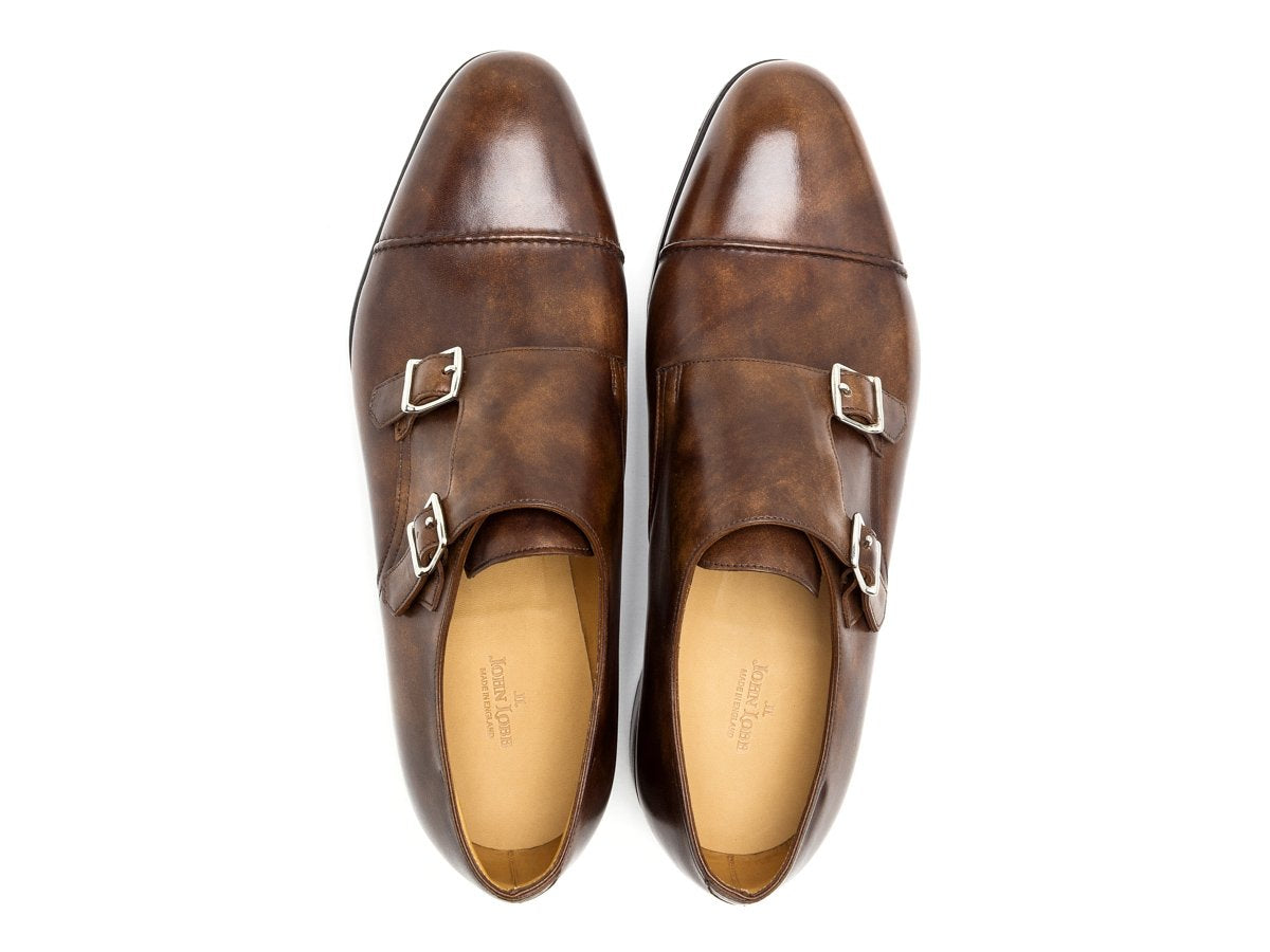 Top view of John Lobb William II captoe Shopovas strap shoes in parisian brown museum calf